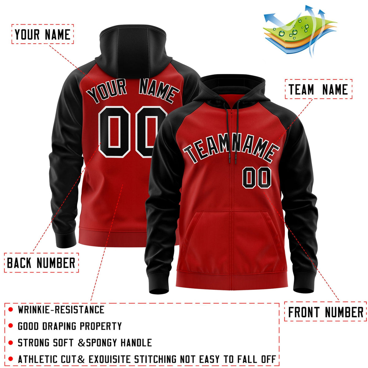 Custom Stitched Red Black-White Raglan Sleeves Sports Full-Zip Sweatshirt Hoodie| KXKSHOP