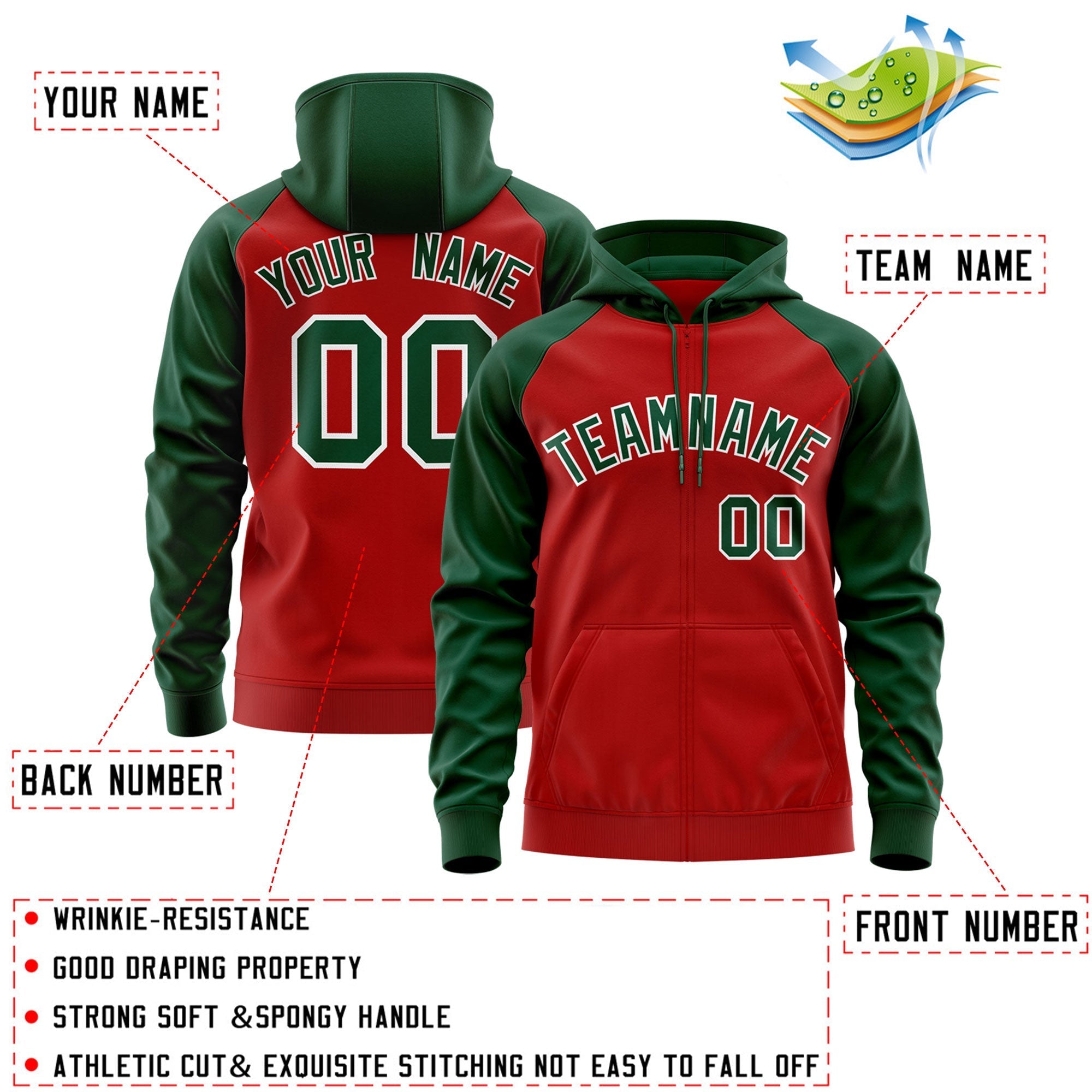 Custom Stitched Red Green-White Raglan Sleeves Sports Full-Zip Sweatshirt Hoodie| KXKSHOP