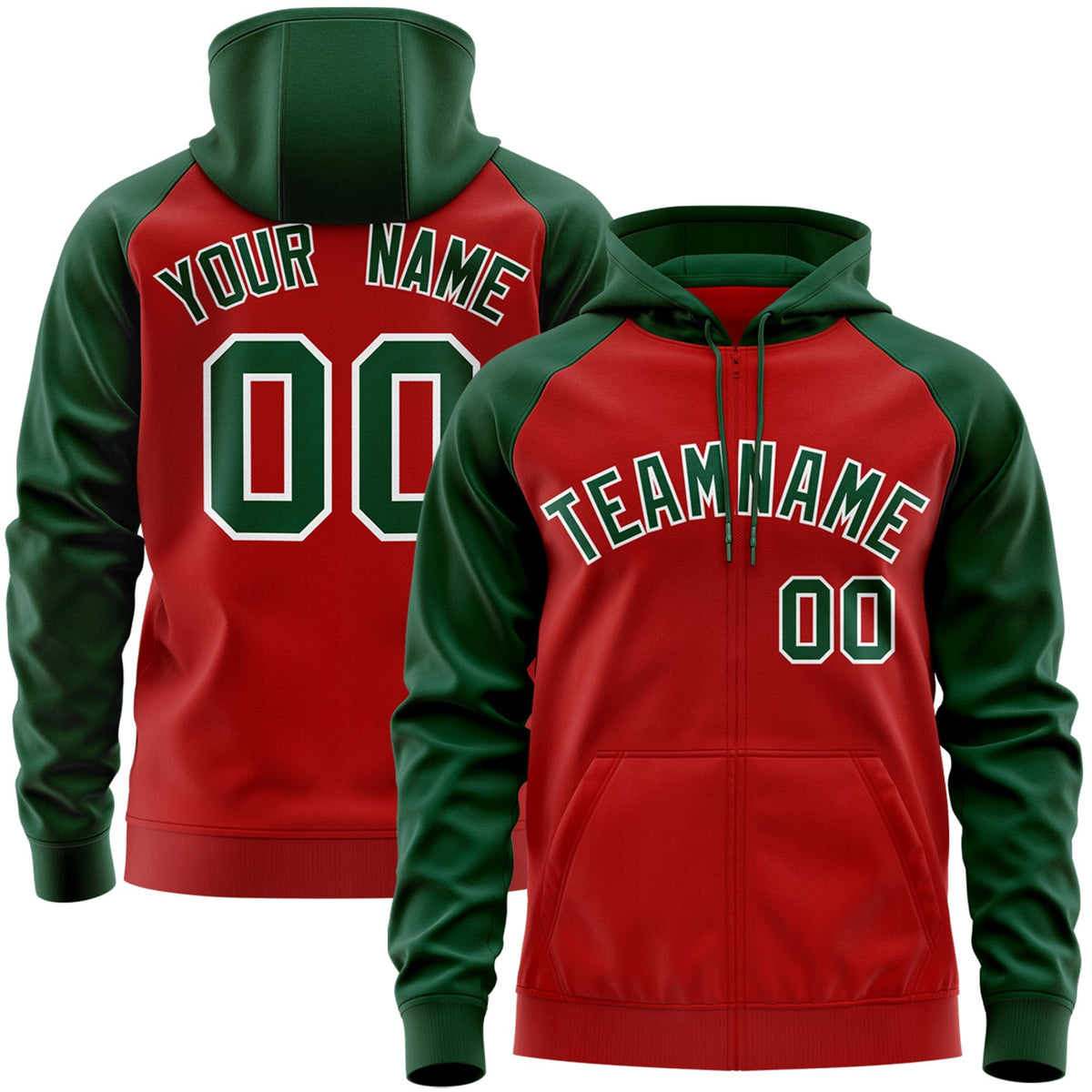 Custom Stitched Red Green-White Raglan Sleeves Sports Full-Zip Sweatshirt Hoodie| KXKSHOP