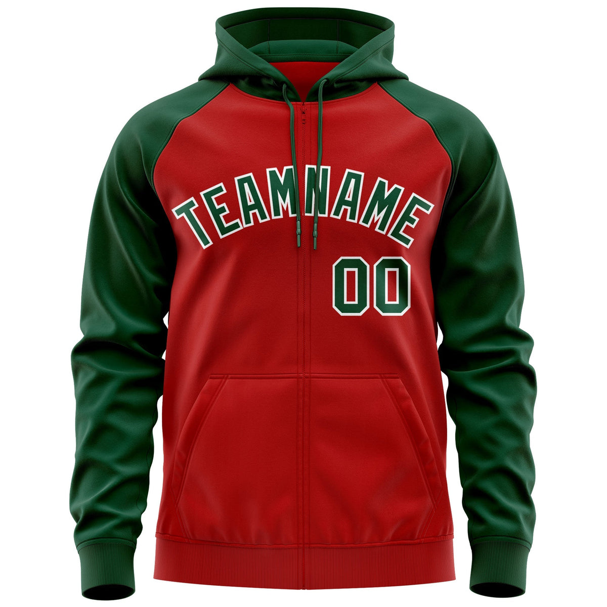 Custom Stitched Red Green-White Raglan Sleeves Sports Full-Zip Sweatshirt Hoodie| KXKSHOP