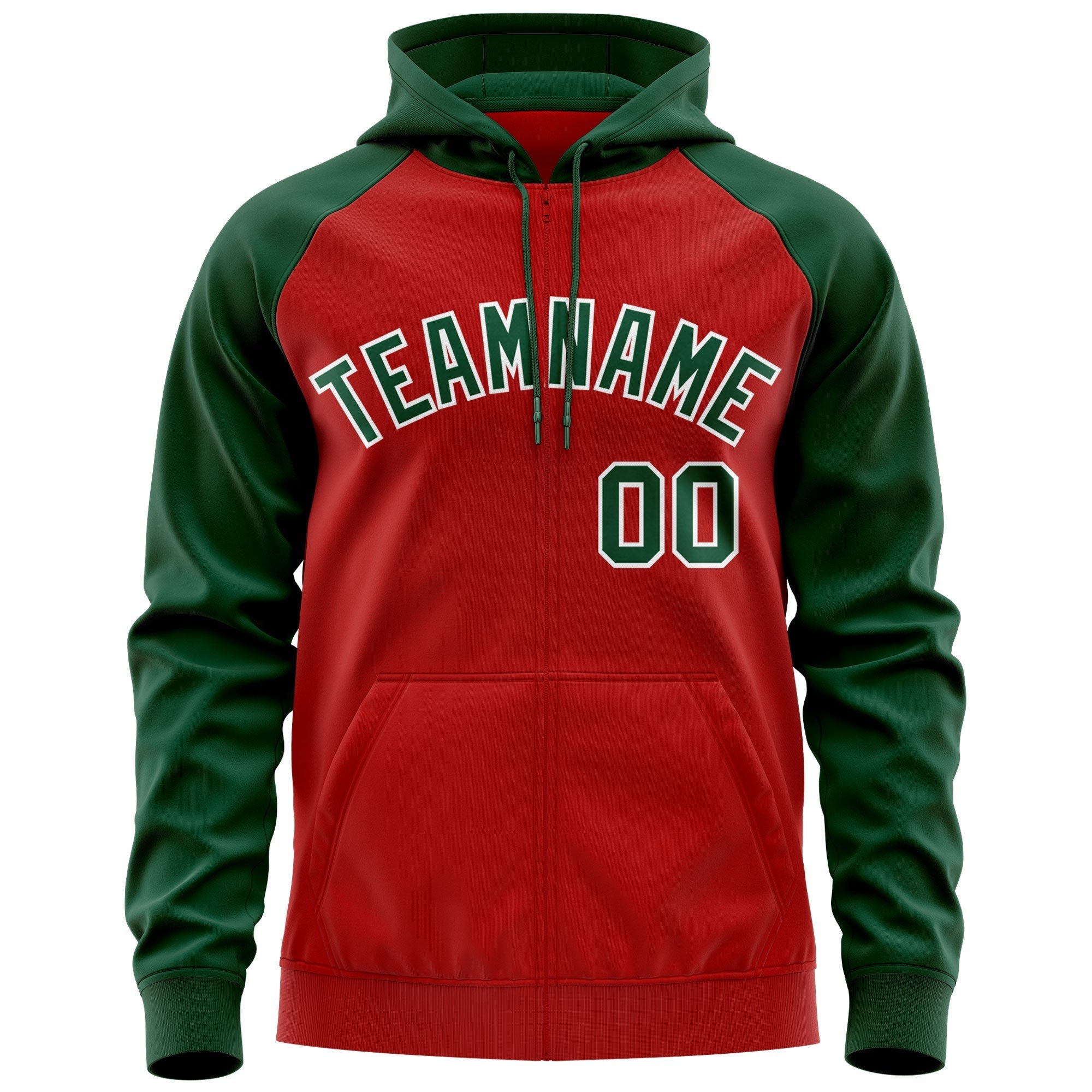 Custom Stitched Red Green-White Raglan Sleeves Sports Full-Zip Sweatshirt Hoodie| KXKSHOP