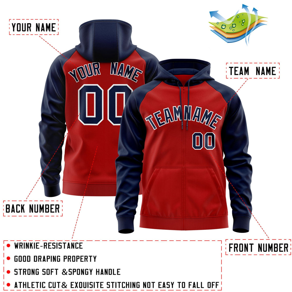 Custom Stitched Red Navy-White Raglan Sleeves Sports Full-Zip Sweatshirt Hoodie| KXKSHOP