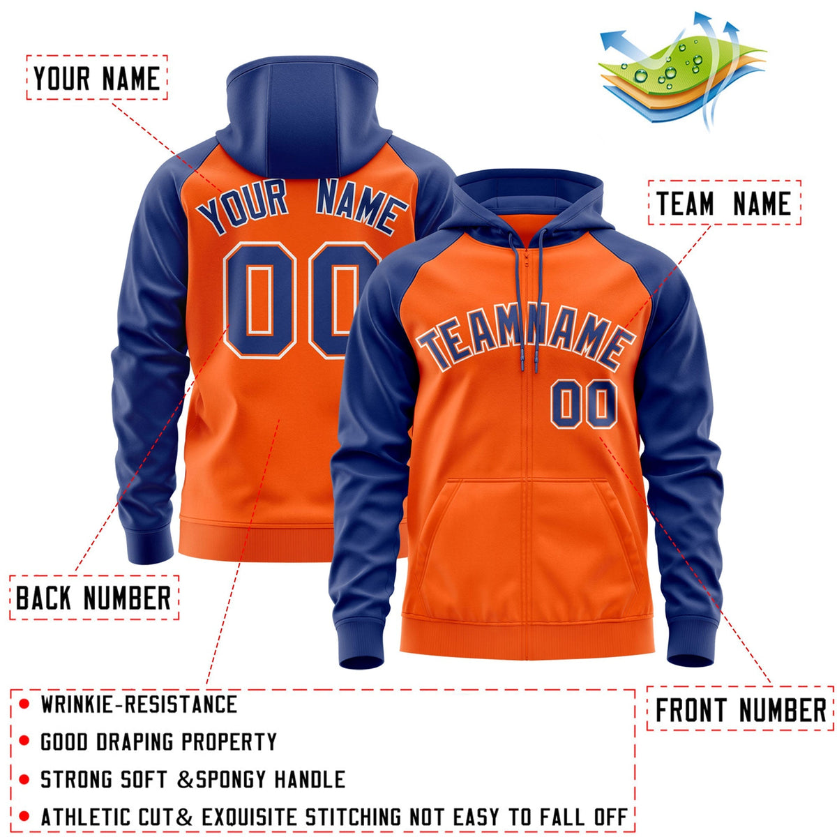 Custom Stitched Orange Royal-White Raglan Sleeves Sports Full-Zip Sweatshirt Hoodie| KXKSHOP