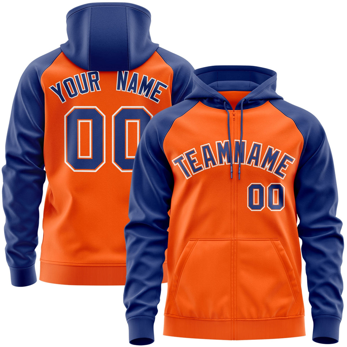 Custom Stitched Orange Royal-White Raglan Sleeves Sports Full-Zip Sweatshirt Hoodie| KXKSHOP