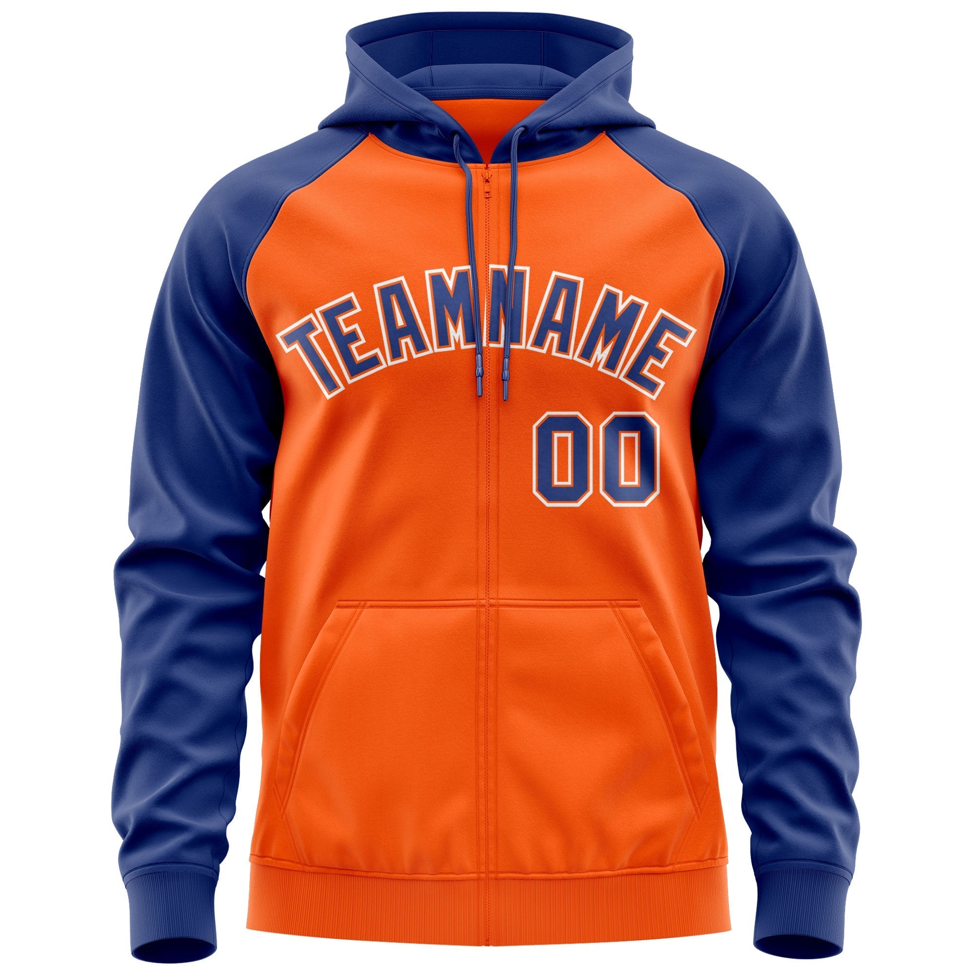 Custom Stitched Orange Royal-White Raglan Sleeves Sports Full-Zip Sweatshirt Hoodie| KXKSHOP