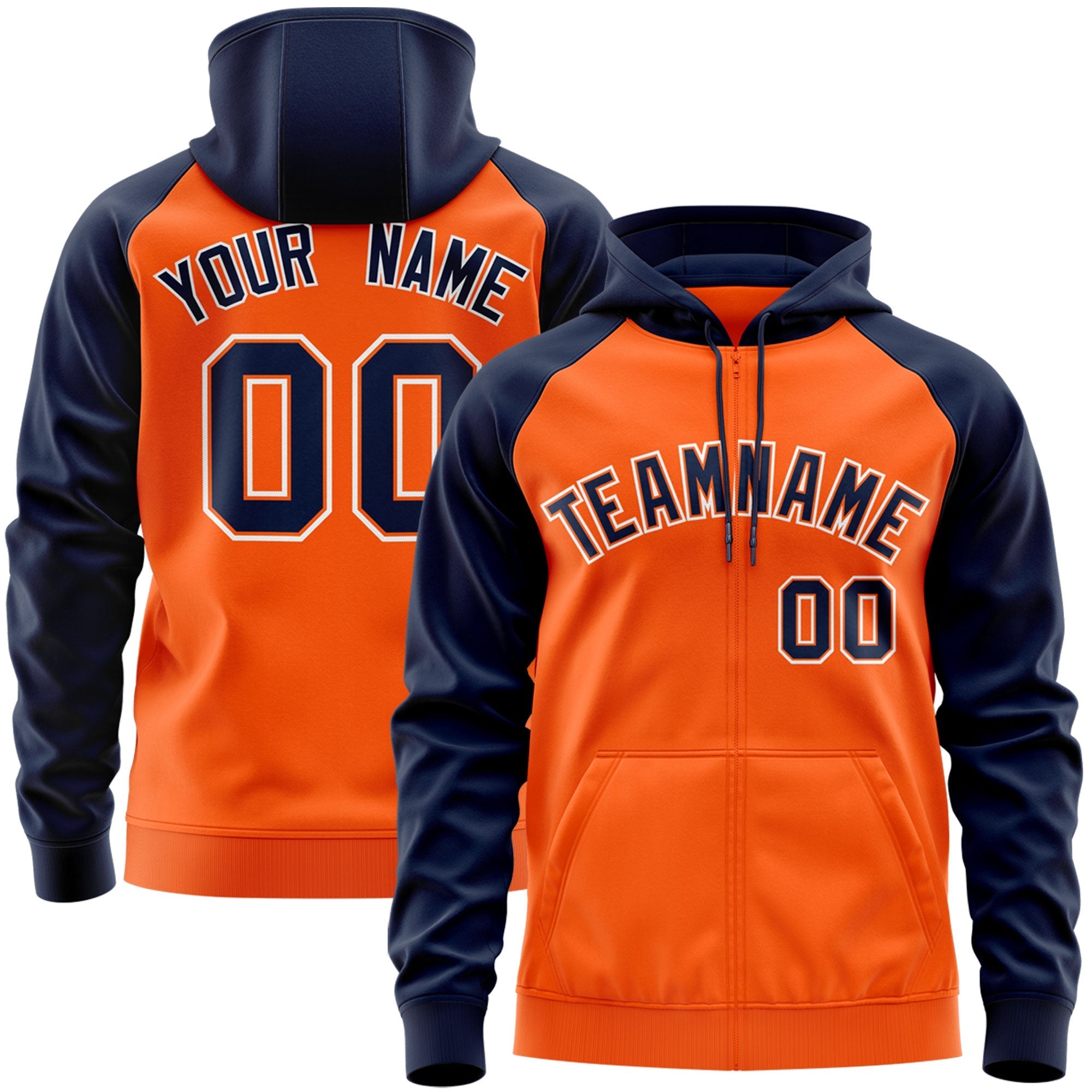 Custom Stitched Orange Navy-White Raglan Sleeves Sports Full-Zip Sweatshirt Hoodie| KXKSHOP
