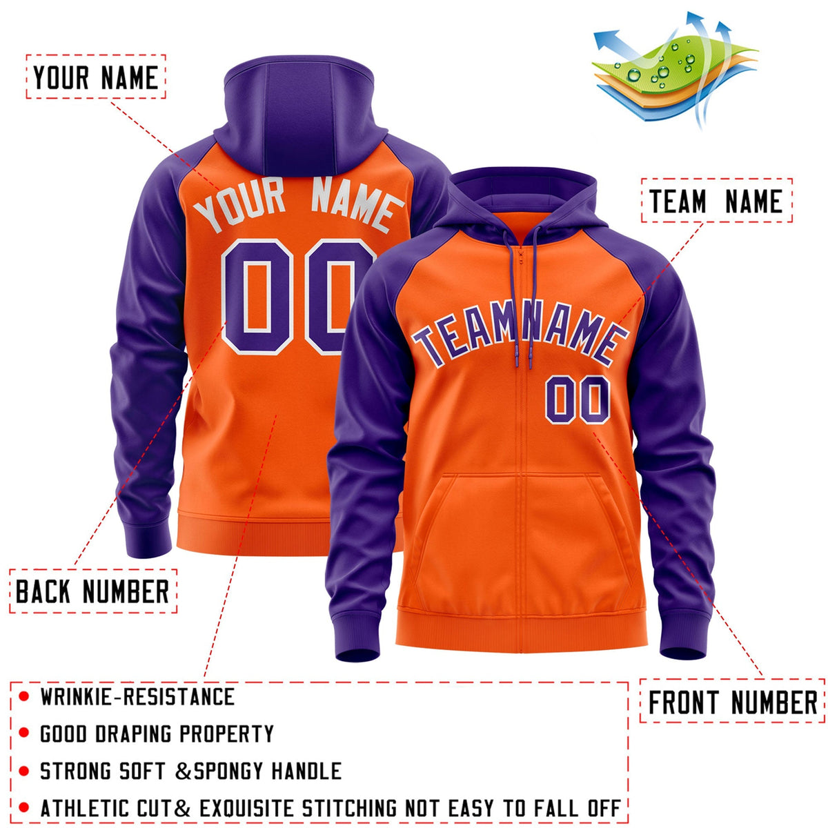Custom Stitched Orange Purple-White Raglan Sleeves Sports Full-Zip Sweatshirt Hoodie| KXKSHOP