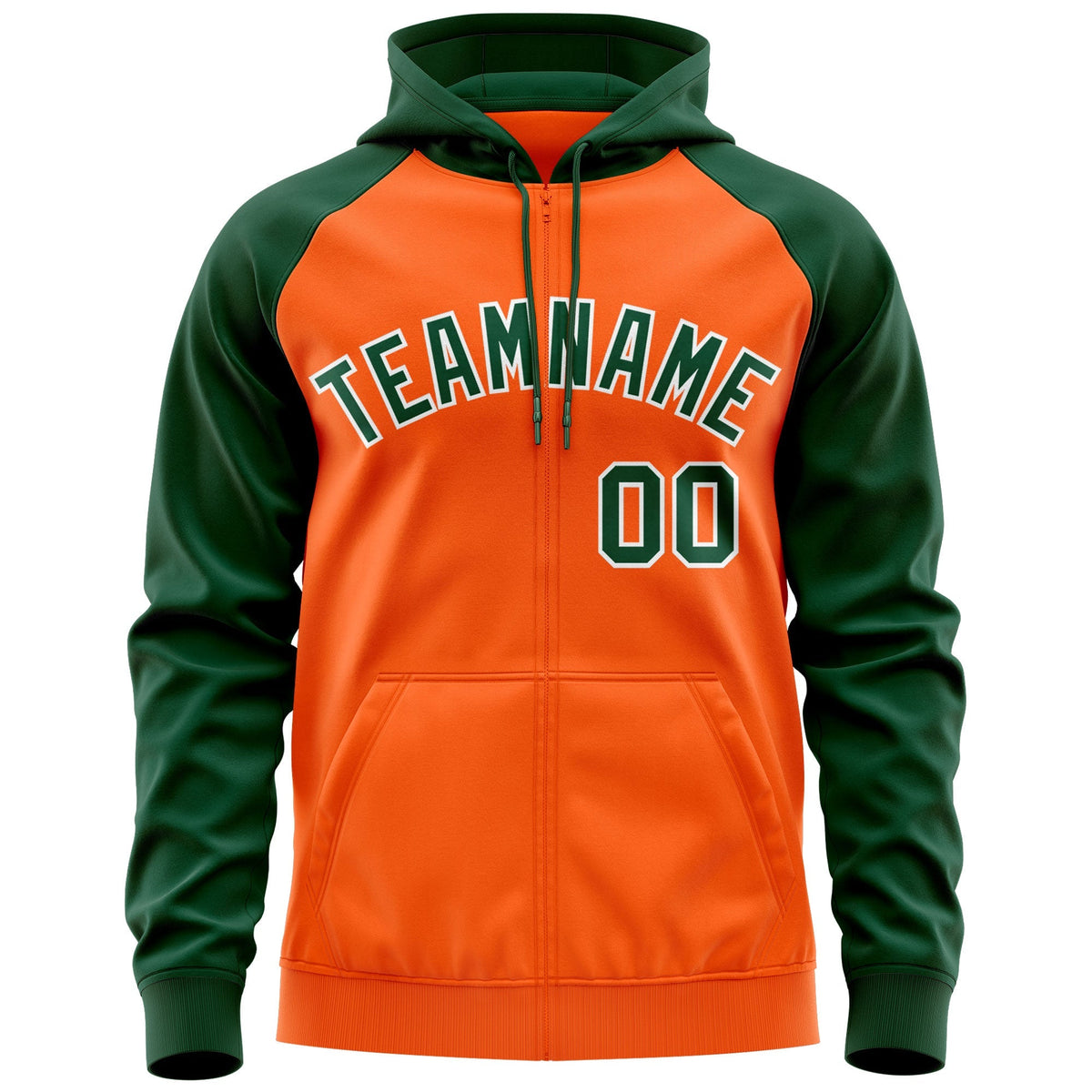 Custom Stitched Orange Green-White Raglan Sleeves Sports Full-Zip Sweatshirt Hoodie| KXKSHOP
