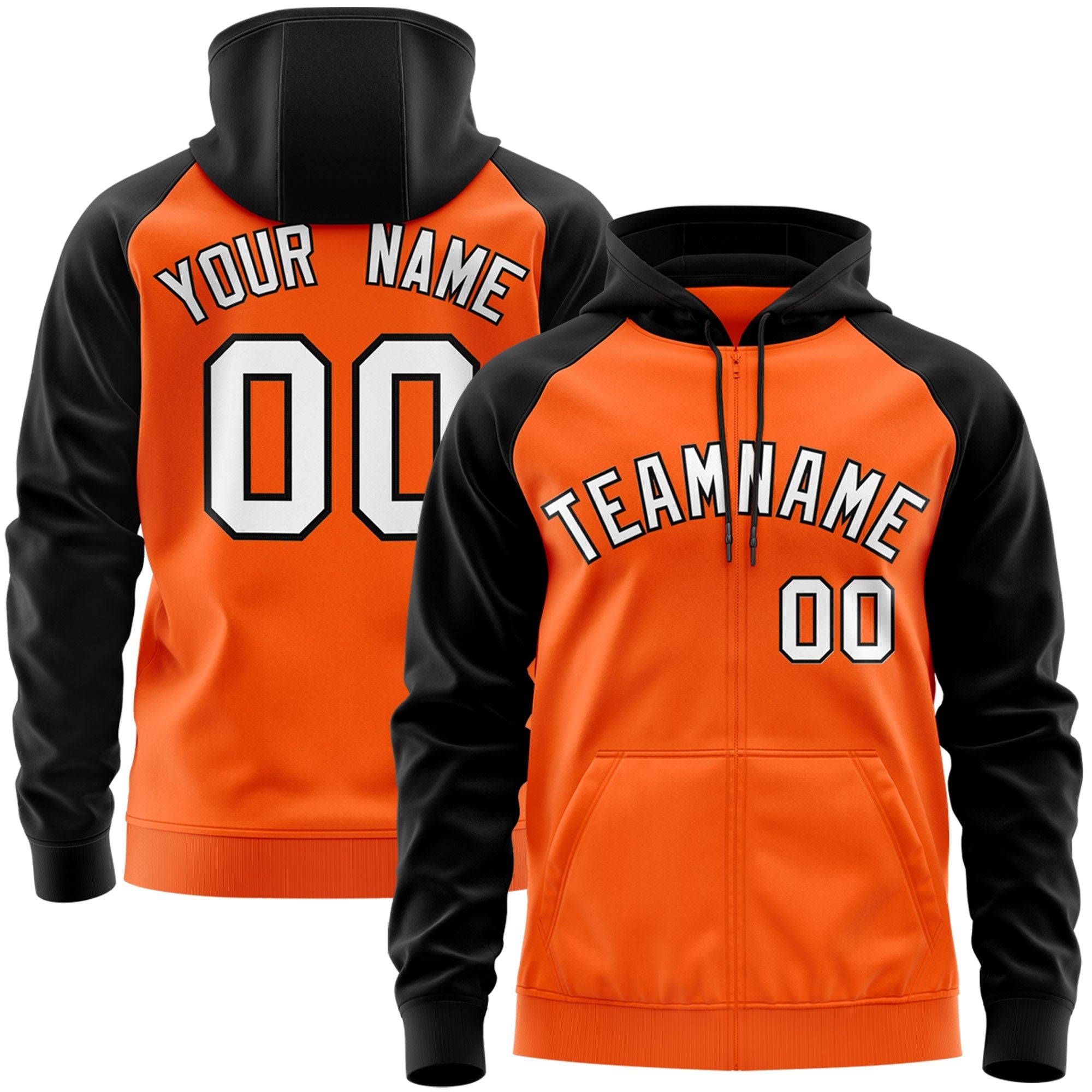 Custom Stitched Orange White-Black Raglan Sleeves Sports Full-Zip Sweatshirt Hoodie| KXKSHOP