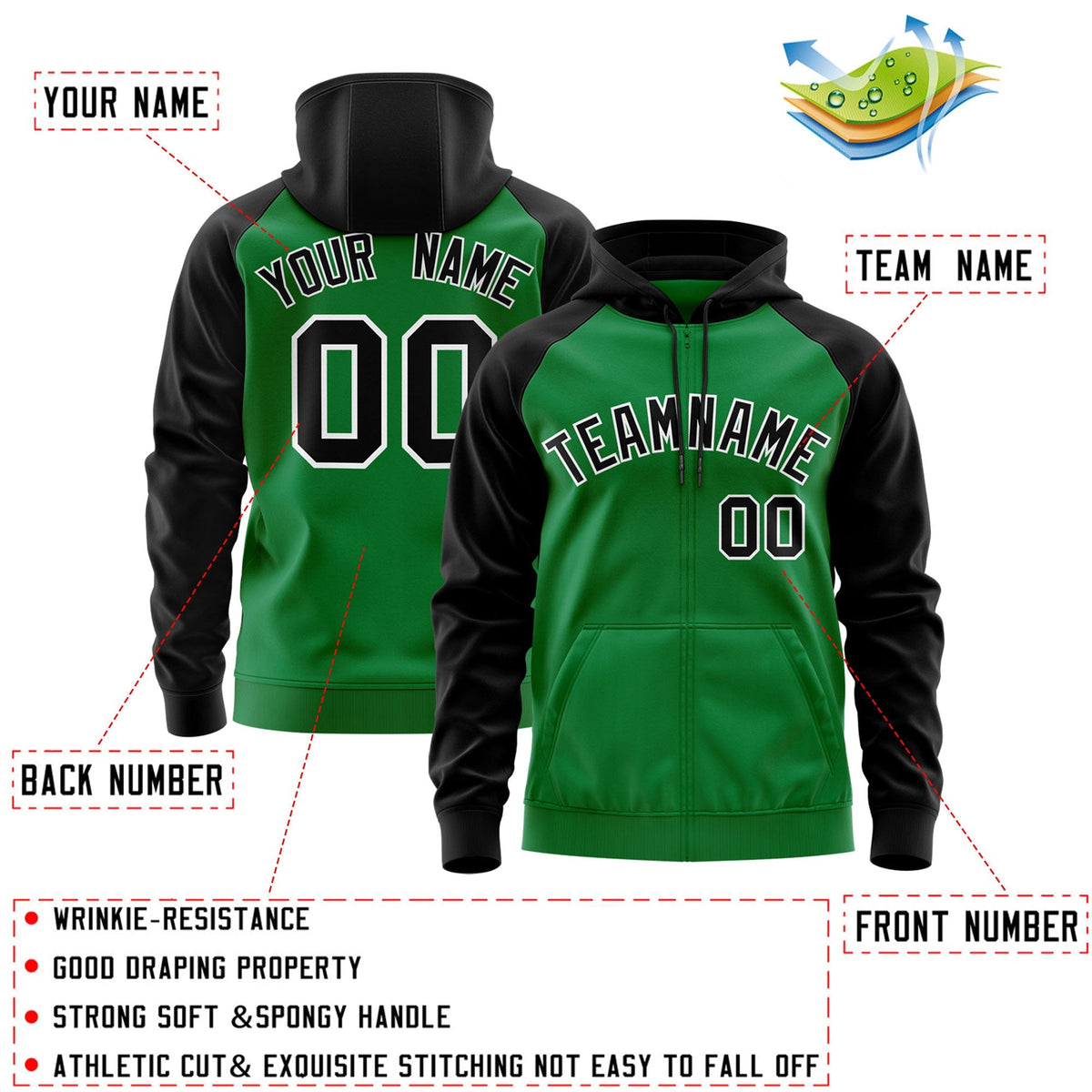 Custom Stitched Kelly Green Black-White Raglan Sleeves Sports Full-Zip Sweatshirt Hoodie| KXKSHOP