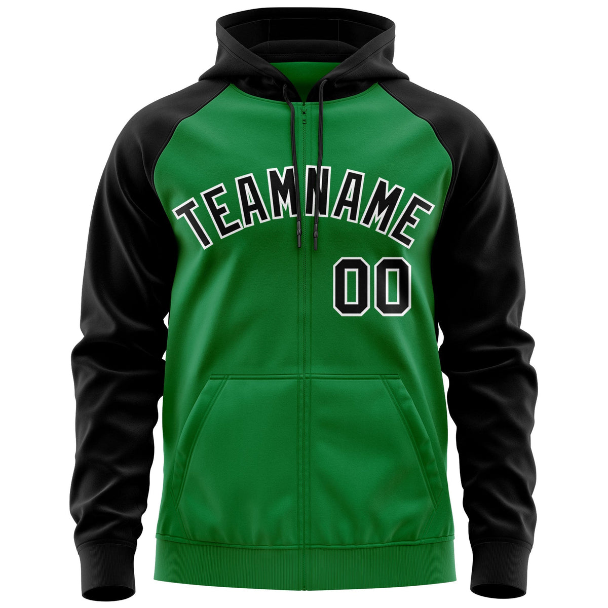 Custom Stitched Kelly Green Black-White Raglan Sleeves Sports Full-Zip Sweatshirt Hoodie| KXKSHOP