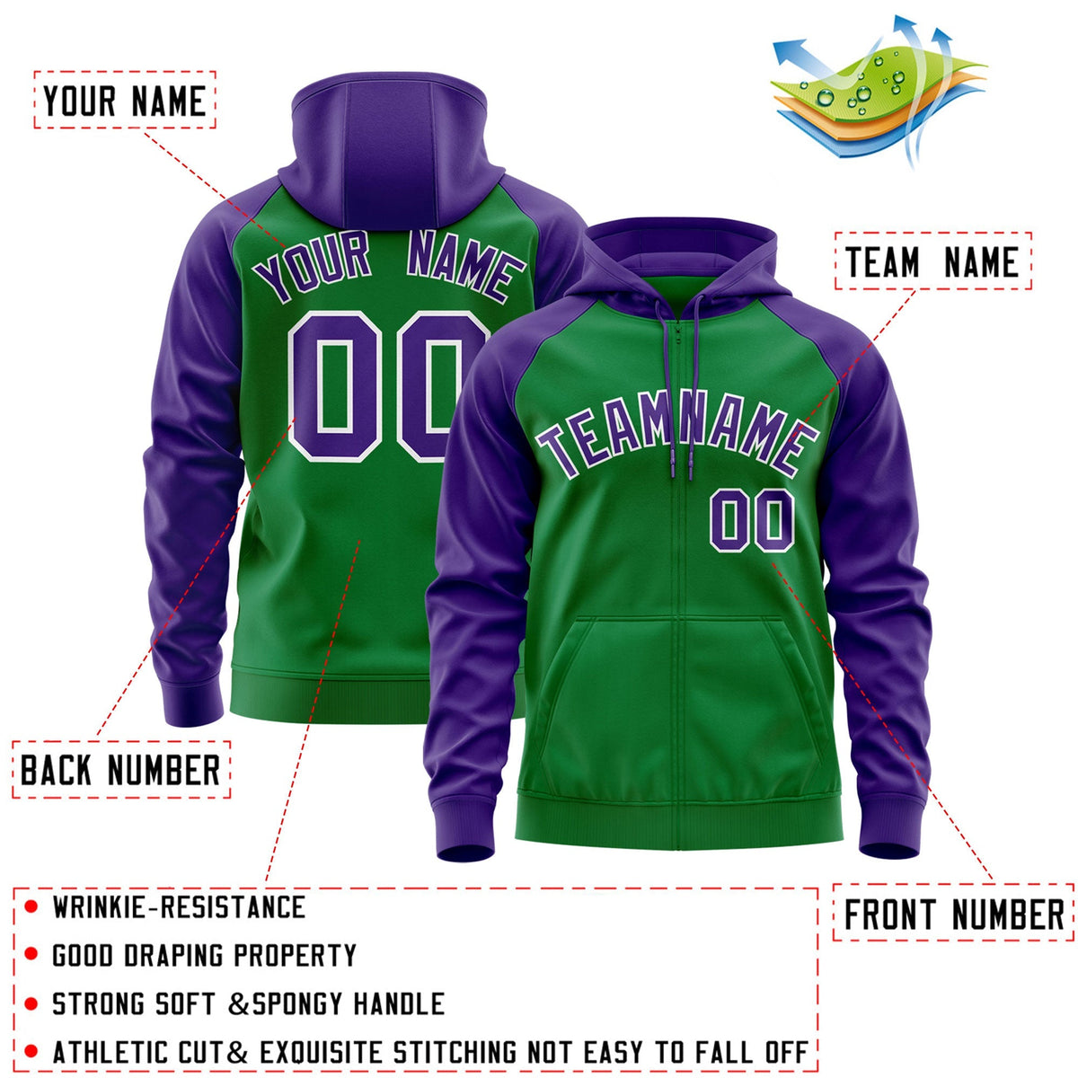 Custom Stitched Kelly Green Purple-White Raglan Sleeves Sports Full-Zip Sweatshirt Hoodie| KXKSHOP