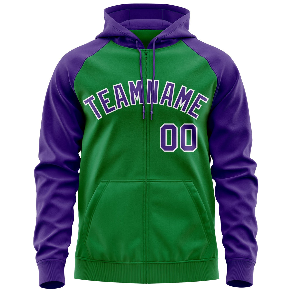 Custom Stitched Kelly Green Purple-White Raglan Sleeves Sports Full-Zip Sweatshirt Hoodie| KXKSHOP
