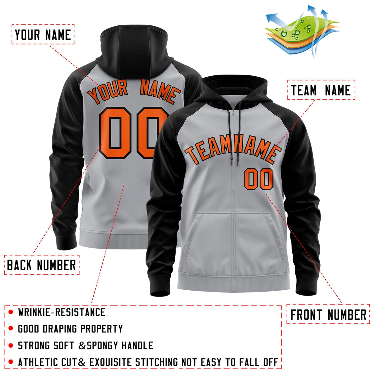 Custom Stitched Gray Orange-Black Raglan Sleeves Sports Full-Zip Sweatshirt Hoodie| KXKSHOP