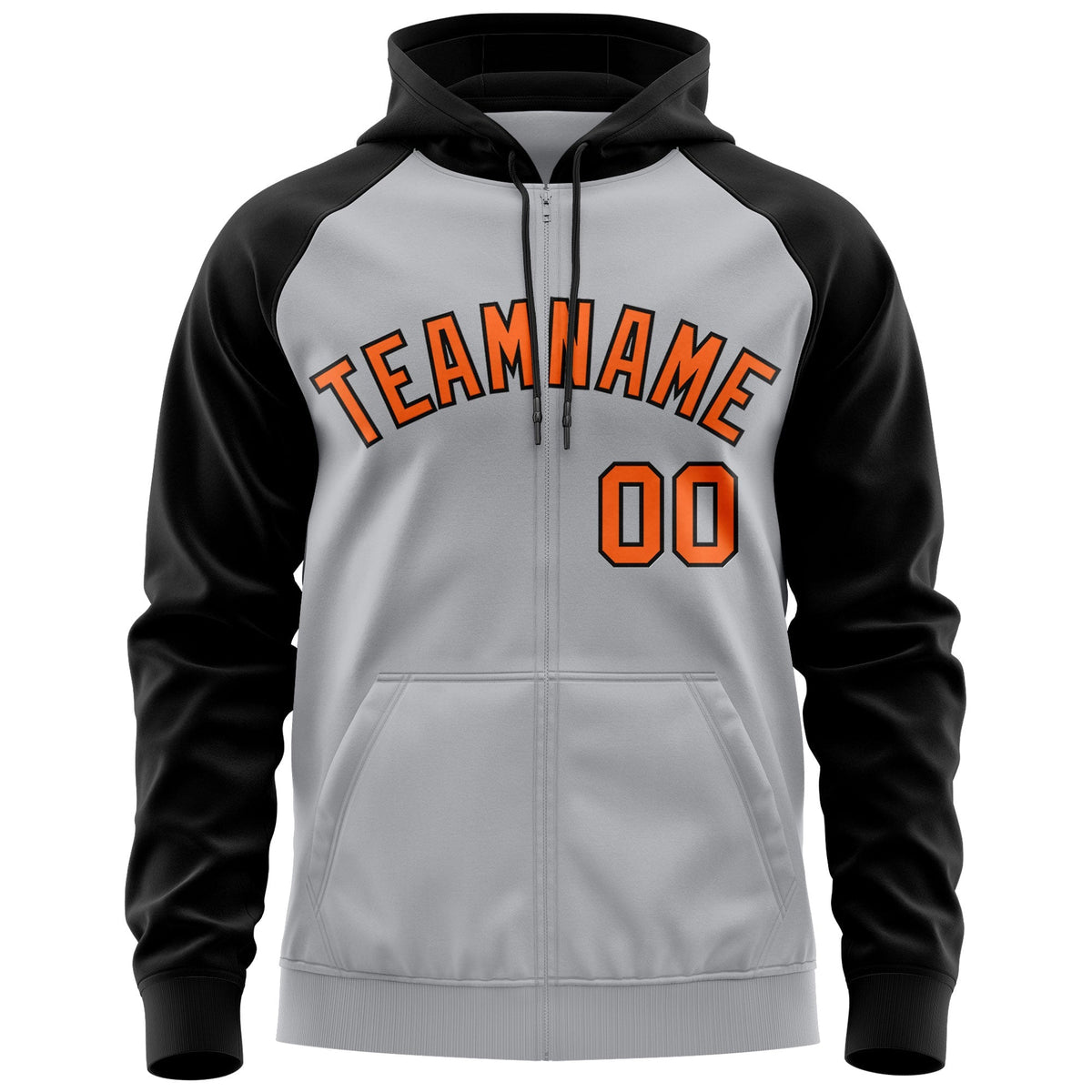 Custom Stitched Gray Orange-Black Raglan Sleeves Sports Full-Zip Sweatshirt Hoodie| KXKSHOP
