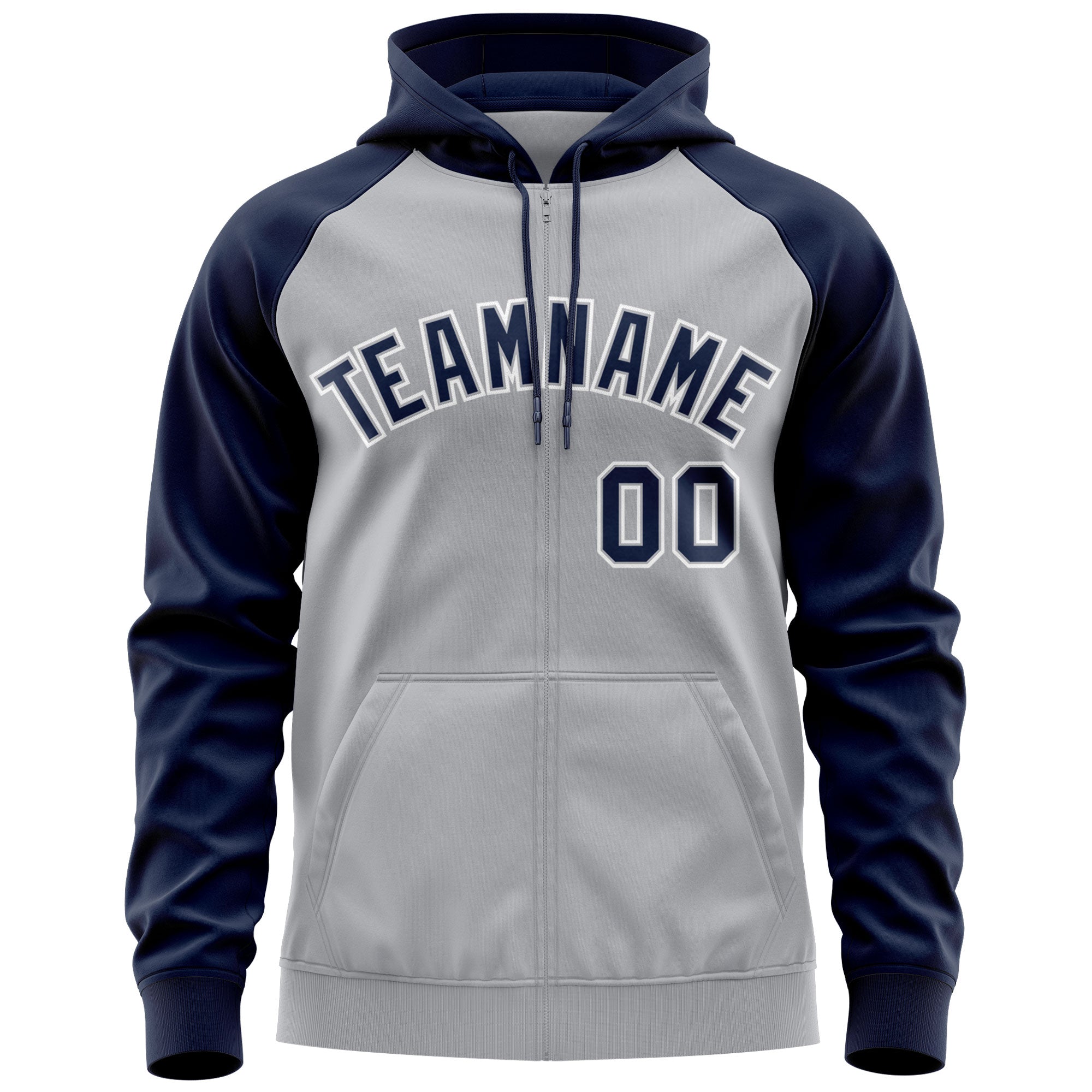 Custom Stitched Gray Navy-White Raglan Sleeves Sports Full-Zip Sweatshirt Hoodie| KXKSHOP