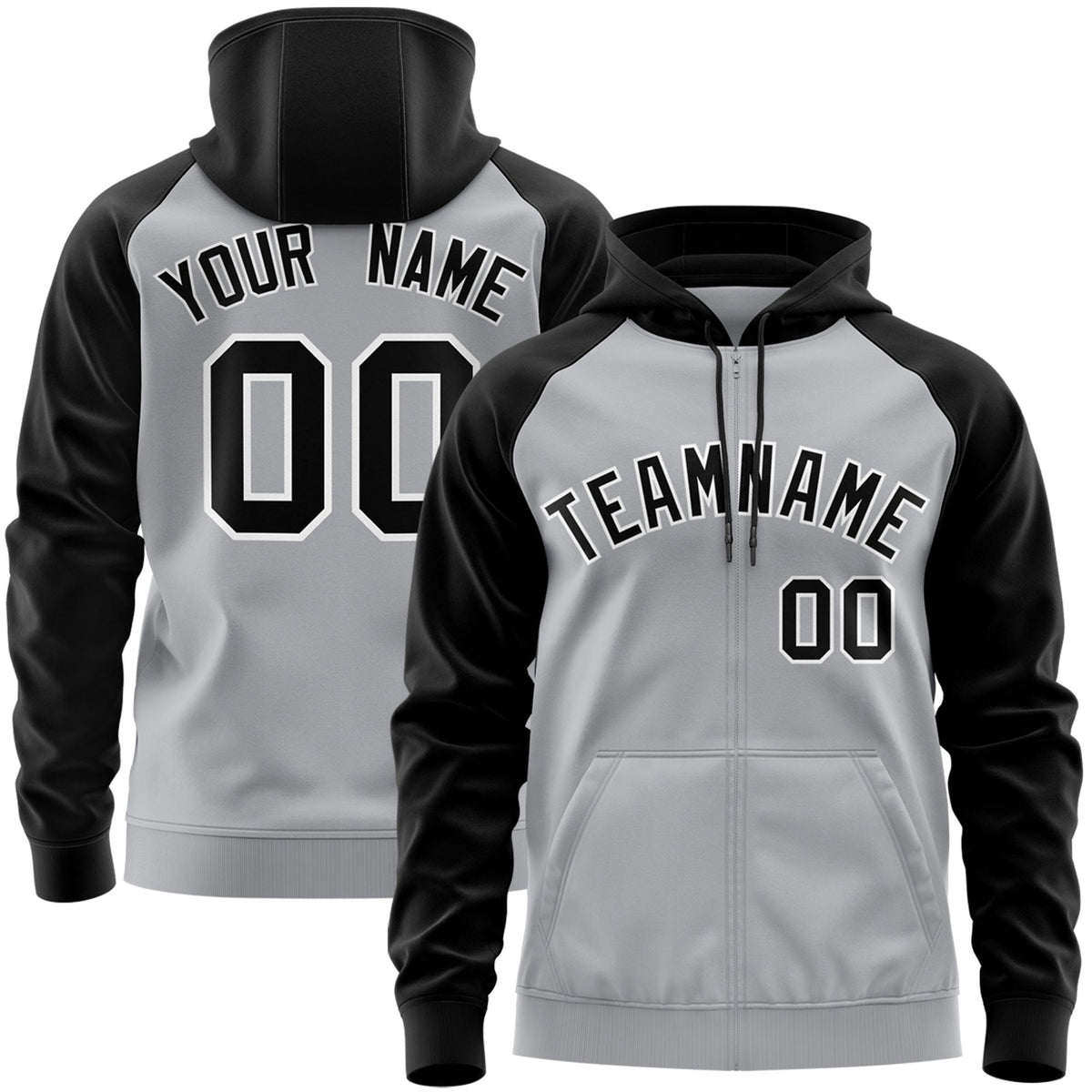 Custom Stitched Gray Black-White Raglan Sleeves Sports Full-Zip Sweatshirt Hoodie| KXKSHOP