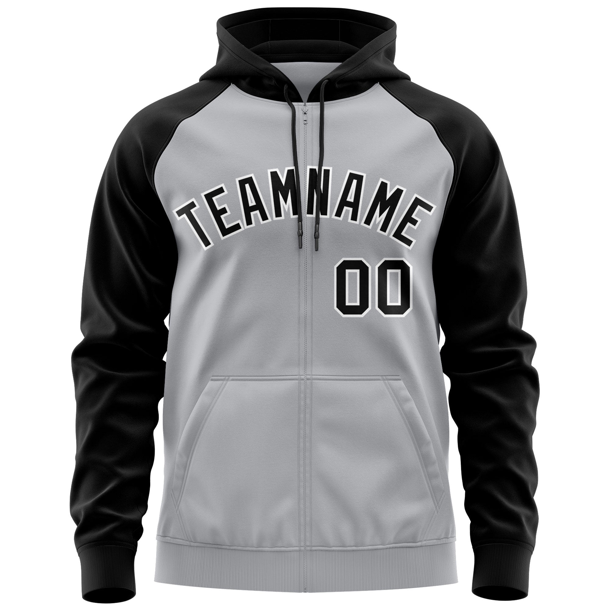 Custom Stitched Gray Black-White Raglan Sleeves Sports Full-Zip Sweatshirt Hoodie| KXKSHOP