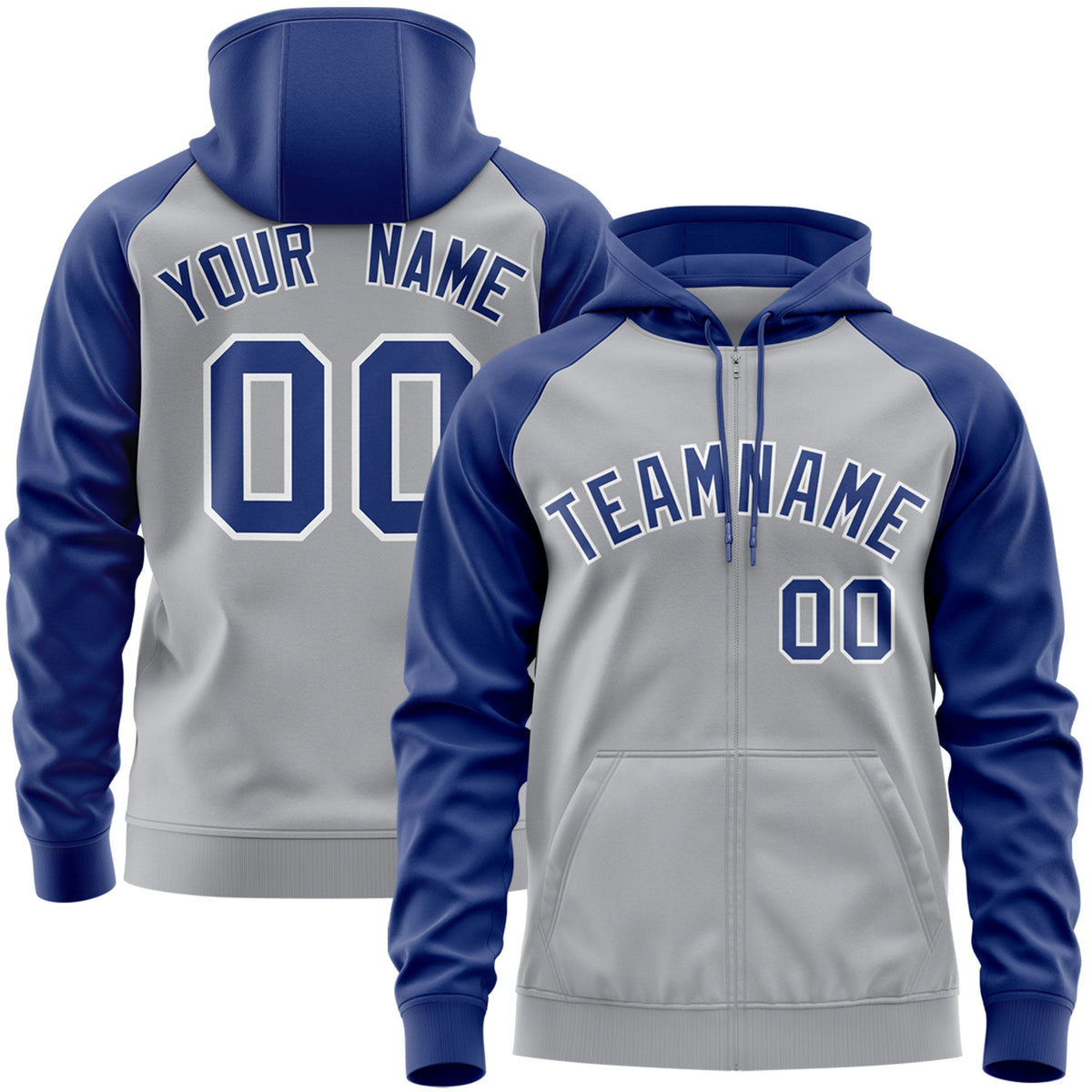 Custom Stitched Gray Royal-White Raglan Sleeves Sports Full-Zip Sweatshirt Hoodie| KXKSHOP