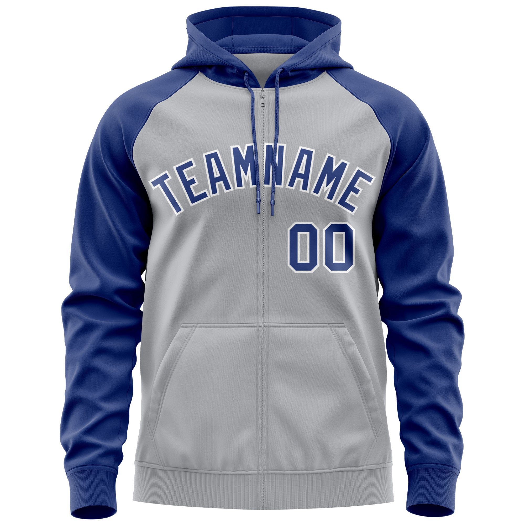 Custom Stitched Gray Royal-White Raglan Sleeves Sports Full-Zip Sweatshirt Hoodie| KXKSHOP