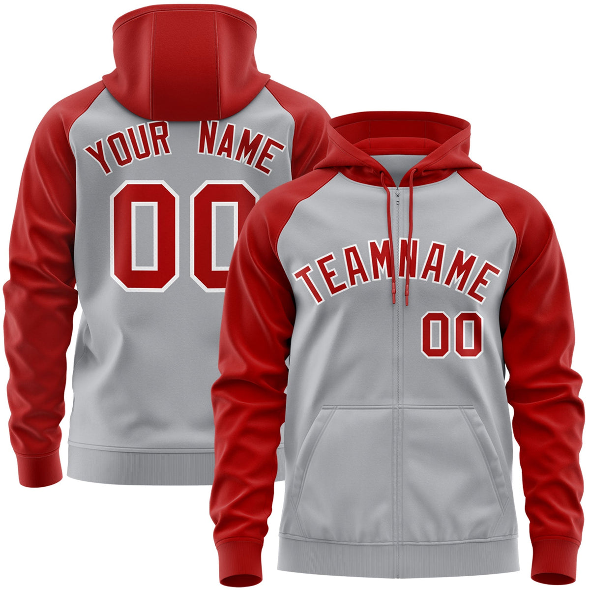 Custom Stitched Gray Red-White Raglan Sleeves Sports Full-Zip Sweatshirt Hoodie| KXKSHOP