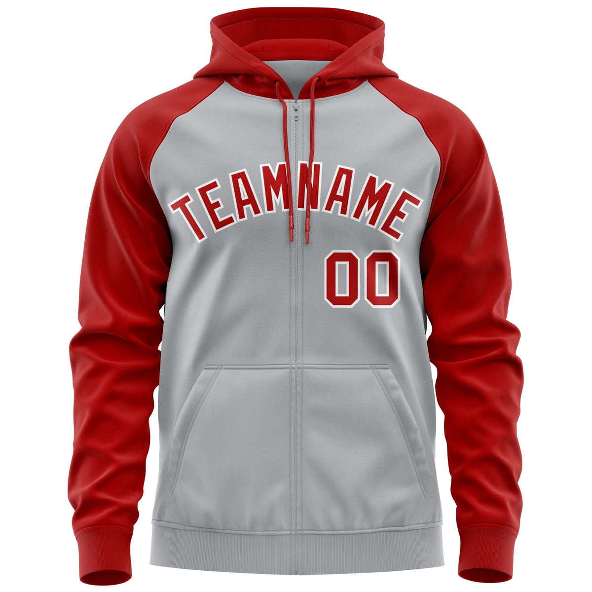 Custom Stitched Gray Red-White Raglan Sleeves Sports Full-Zip Sweatshirt Hoodie| KXKSHOP