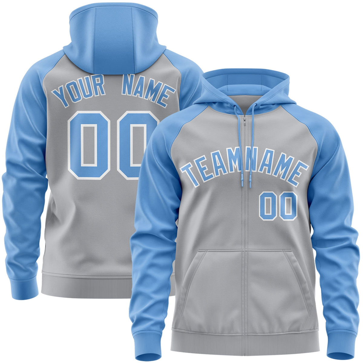 Custom Stitched Gray Powder Blue-White Raglan Sleeves Sports Full-Zip Sweatshirt Hoodie| KXKSHOP