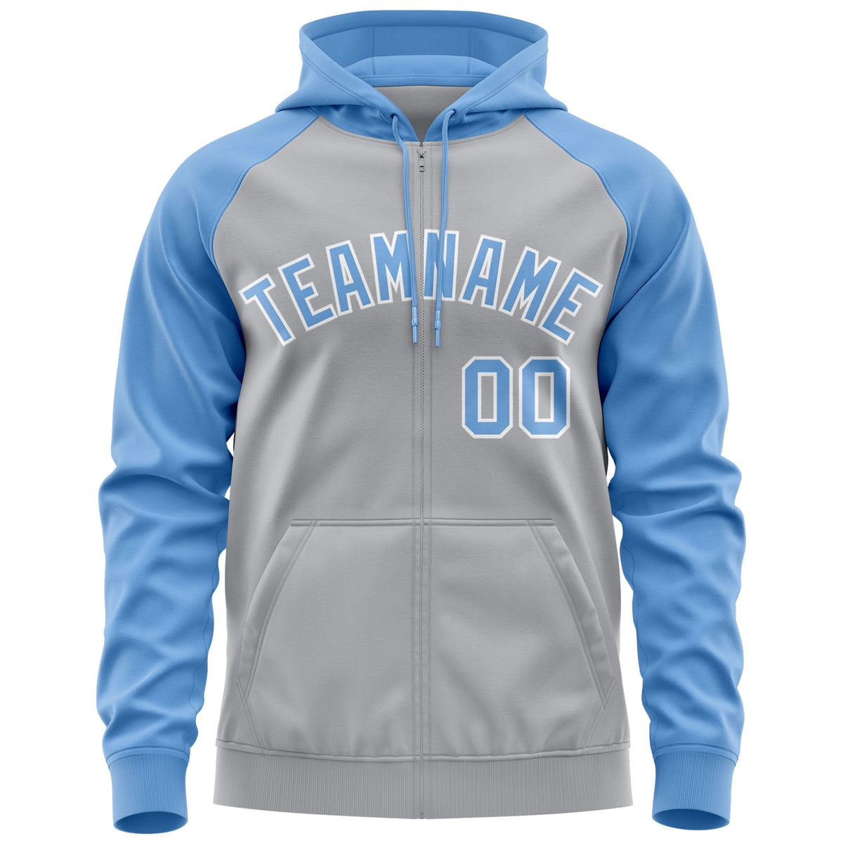 Custom Stitched Gray Powder Blue-White Raglan Sleeves Sports Full-Zip Sweatshirt Hoodie| KXKSHOP