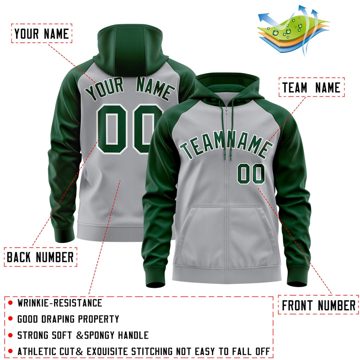 Custom Stitched Gray Green-White Raglan Sleeves Sports Full-Zip Sweatshirt Hoodie| KXKSHOP
