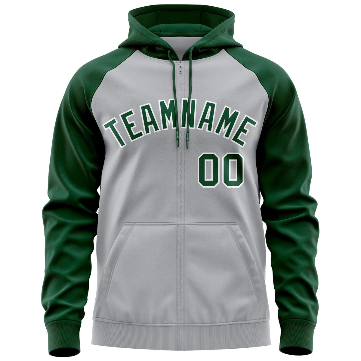Custom Stitched Gray Green-White Raglan Sleeves Sports Full-Zip Sweatshirt Hoodie| KXKSHOP