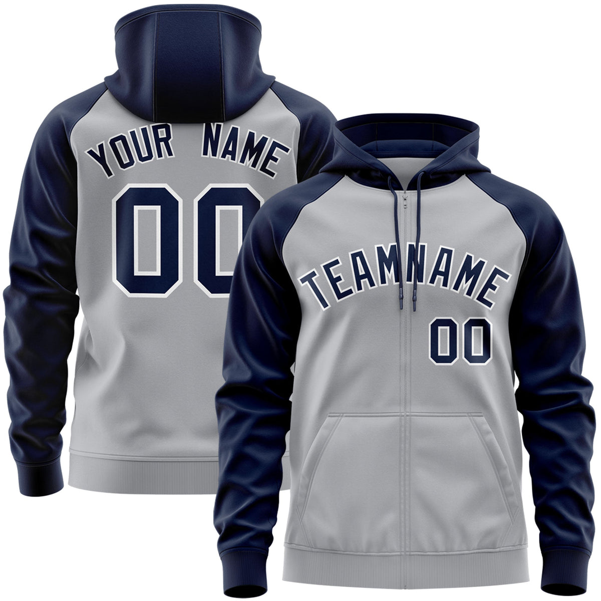 Custom Stitched Gray Navy-White Raglan Sleeves Sports Full-Zip Sweatshirt Hoodie| KXKSHOP