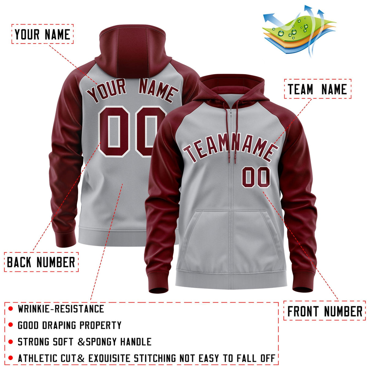 Custom Stitched Gray Crimson-White Raglan Sleeves Sports Full-Zip Sweatshirt Hoodie| KXKSHOP