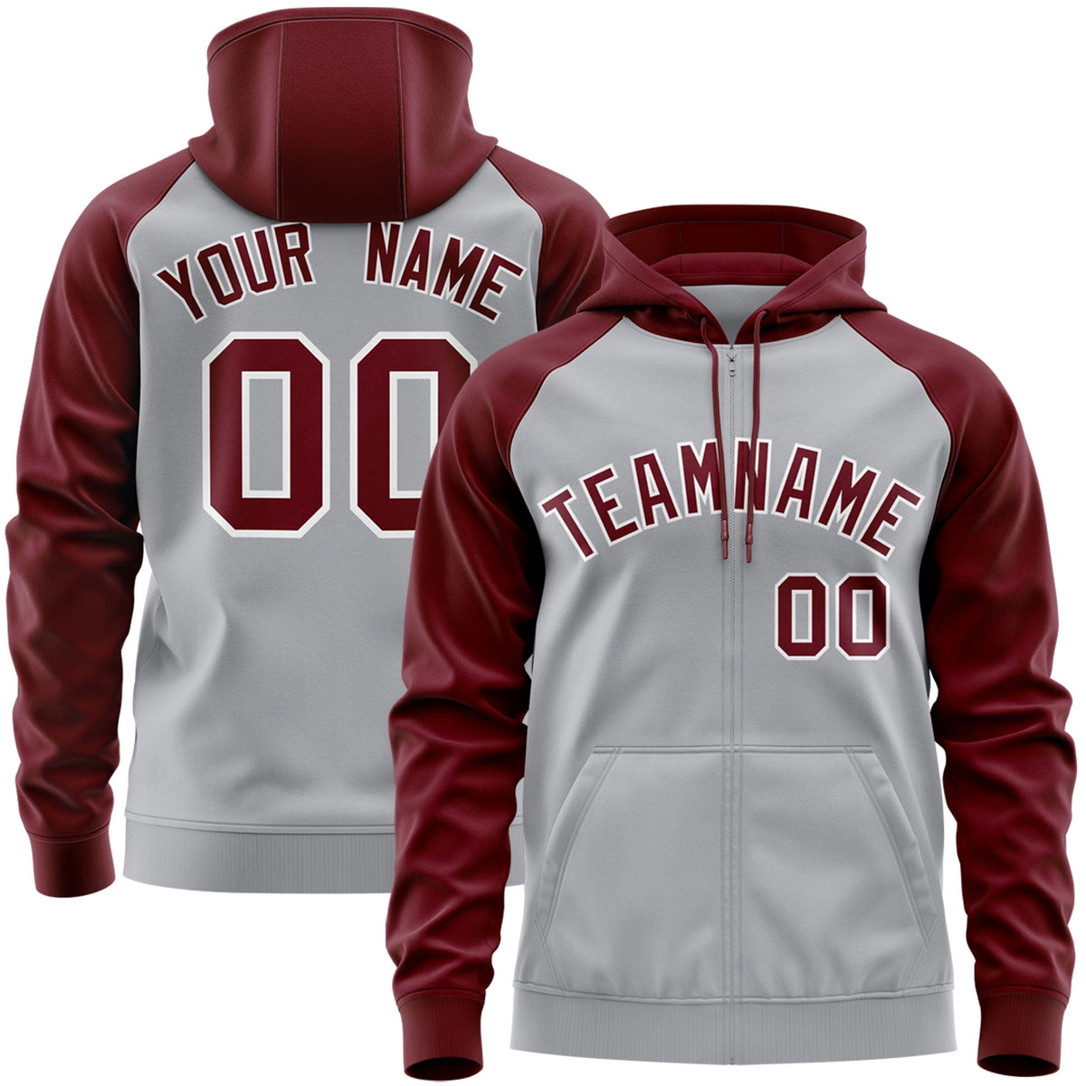 Custom Stitched Gray Crimson-White Raglan Sleeves Sports Full-Zip Sweatshirt Hoodie| KXKSHOP