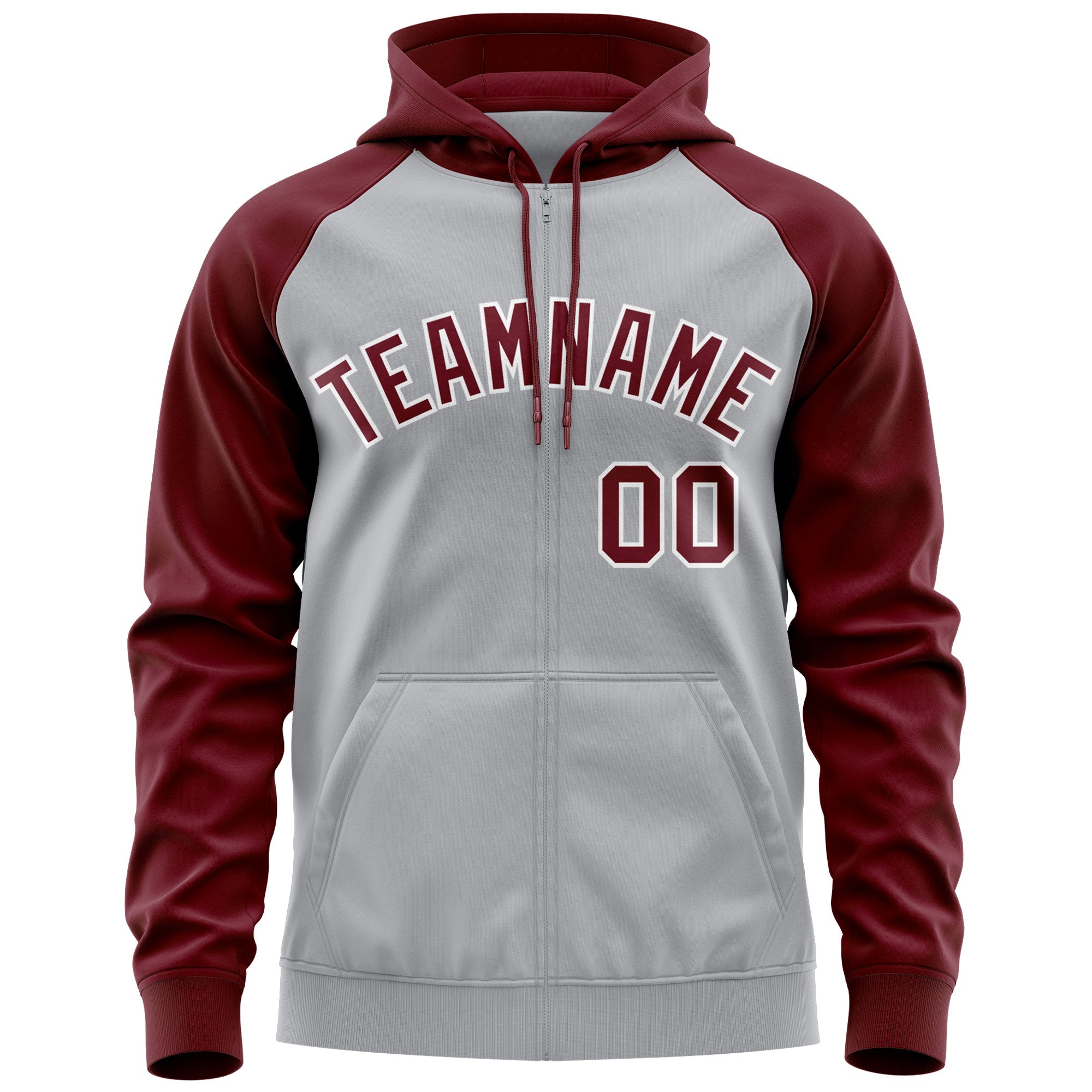 Custom Stitched Gray Crimson-White Raglan Sleeves Sports Full-Zip Sweatshirt Hoodie| KXKSHOP