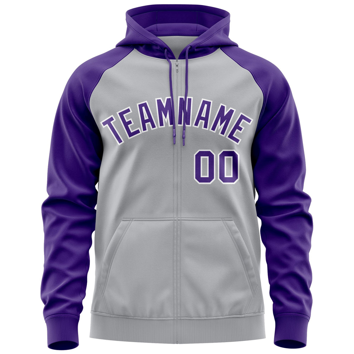 Custom Stitched Gray Purple-White Raglan Sleeves Sports Full-Zip Sweatshirt Hoodie| KXKSHOP