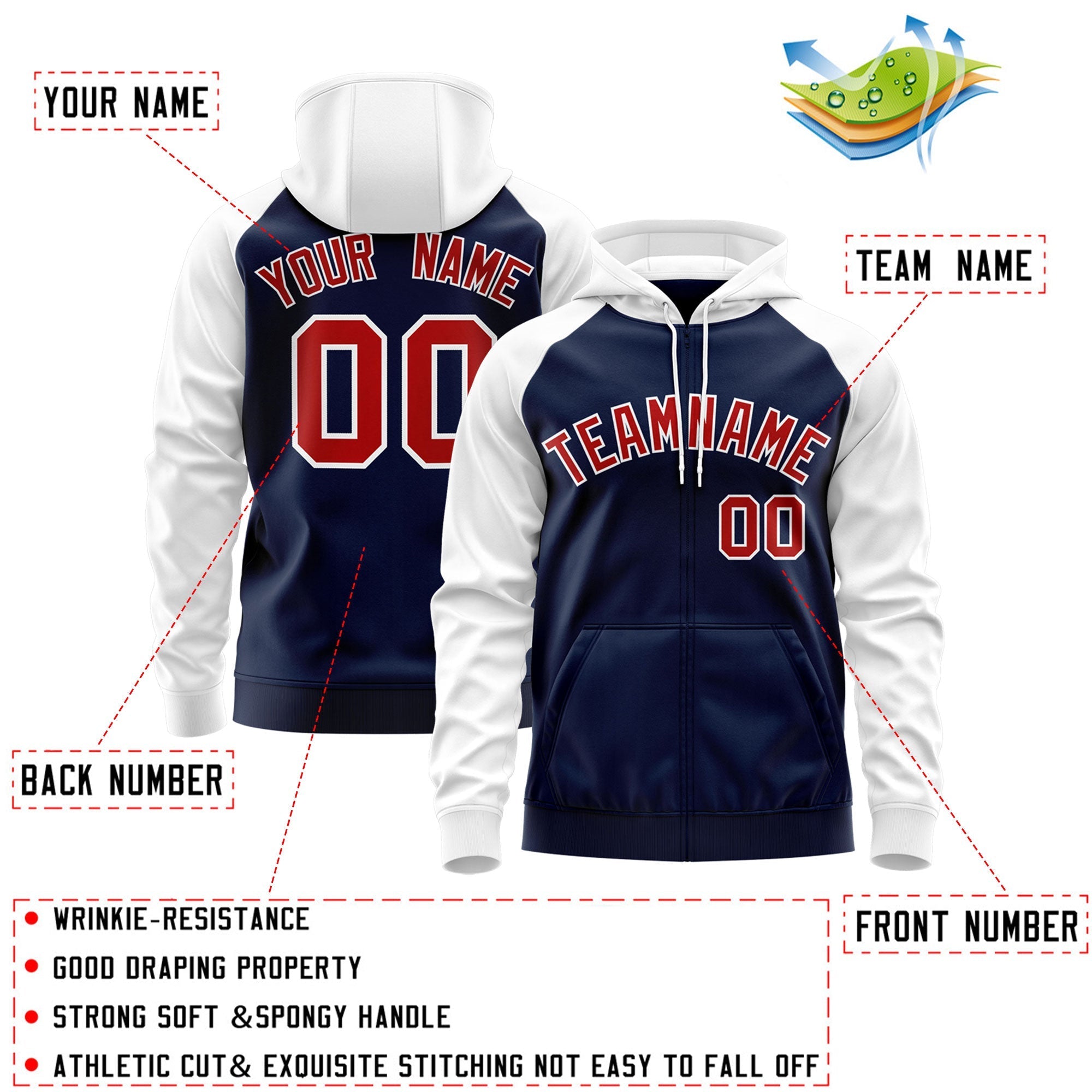 Custom Stitched Navy Red-White Raglan Sleeves Sports Full-Zip Sweatshirt Hoodie| KXKSHOP