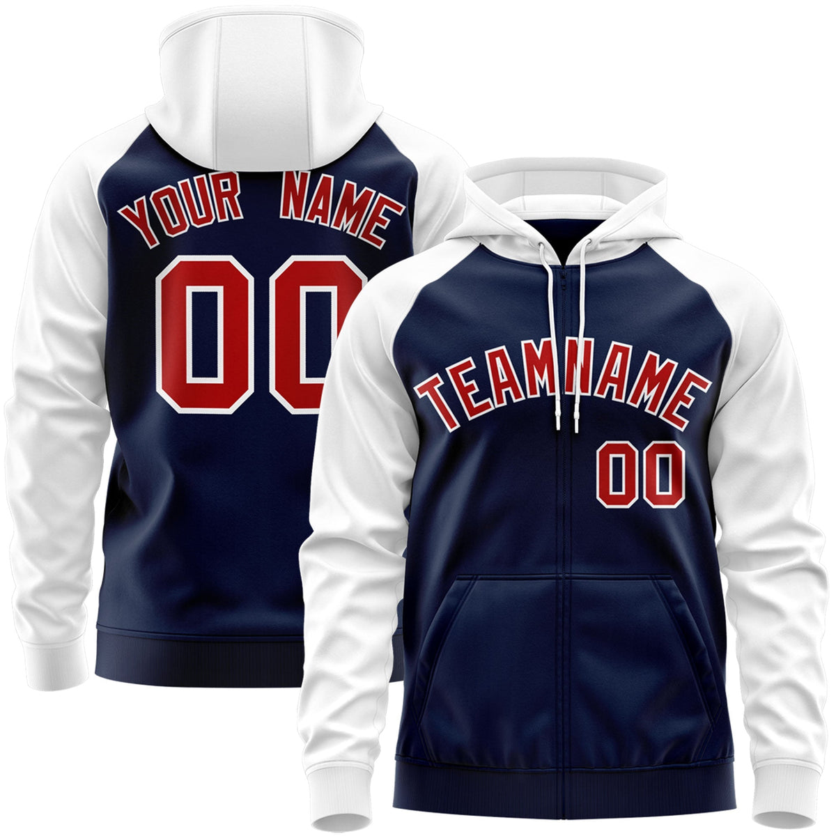 Custom Stitched Navy Red-White Raglan Sleeves Sports Full-Zip Sweatshirt Hoodie| KXKSHOP