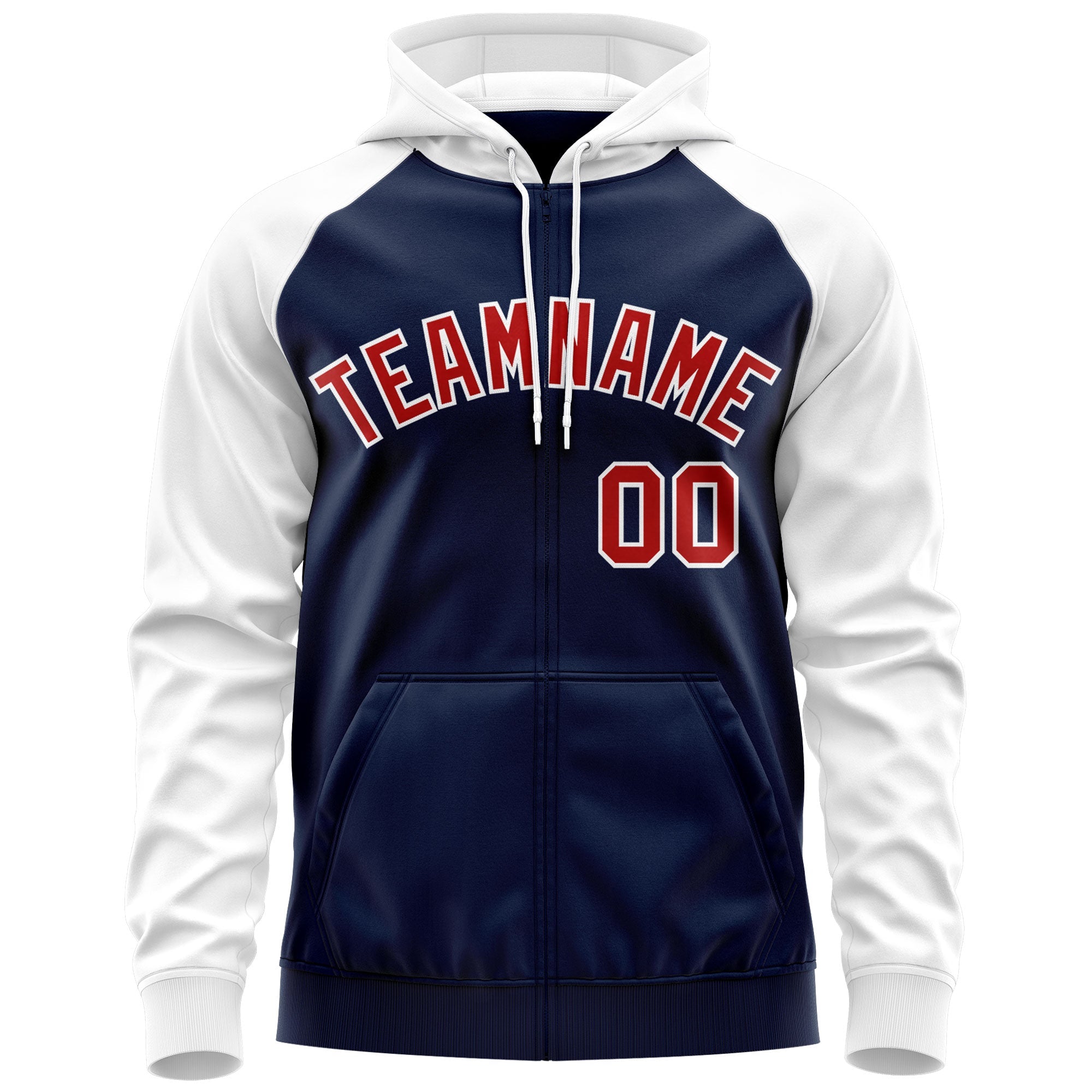 Custom Stitched Navy Red-White Raglan Sleeves Sports Full-Zip Sweatshirt Hoodie| KXKSHOP