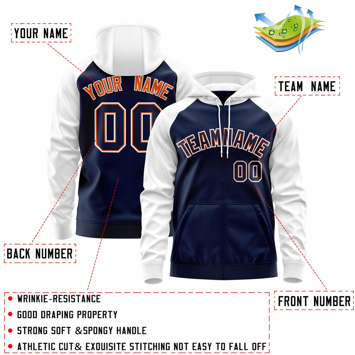 Custom Stitched Navy Orange-White Raglan Sleeves Sports Full-Zip Sweatshirt Hoodie| KXKSHOP