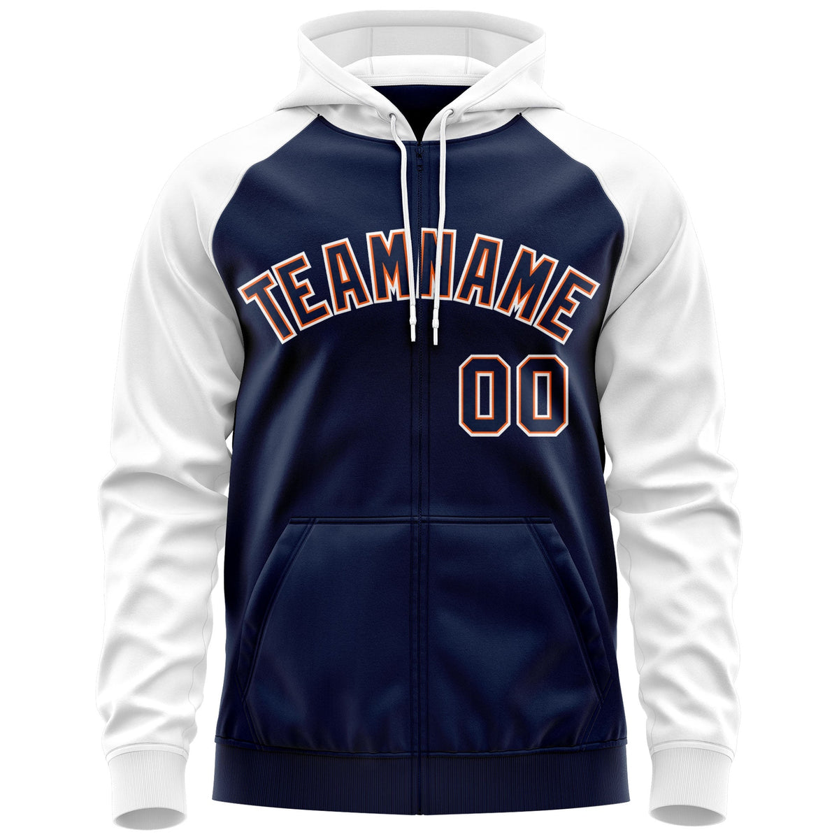 Custom Stitched Navy Orange-White Raglan Sleeves Sports Full-Zip Sweatshirt Hoodie| KXKSHOP
