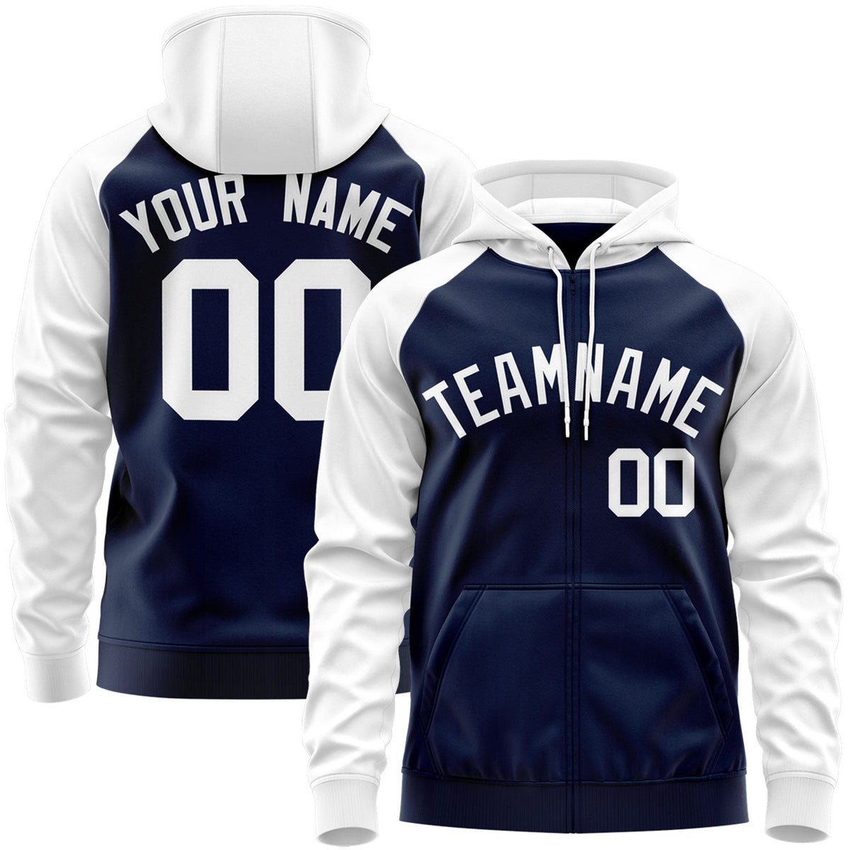 Custom Stitched Navy White Raglan Sleeves Sports Full-Zip Sweatshirt Hoodie| KXKSHOP