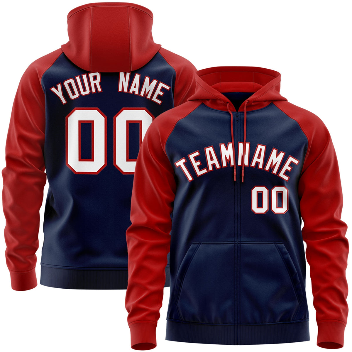 Custom Stitched Navy White-Red Raglan Sleeves Sports Full-Zip Sweatshirt Hoodie| KXKSHOP