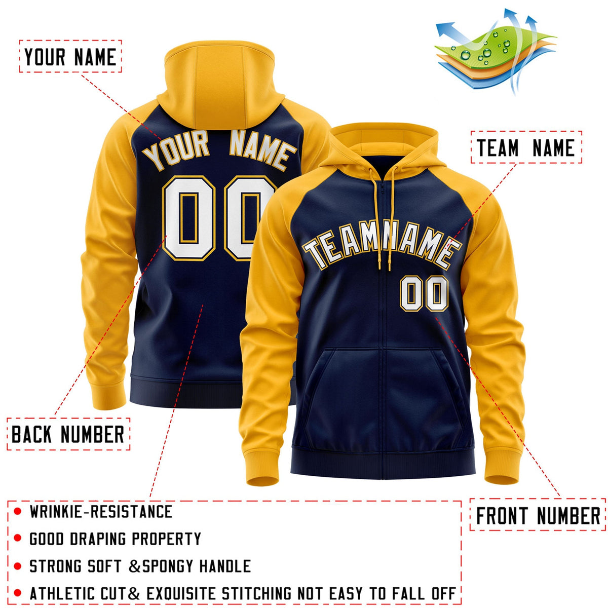 Custom Stitched Navy White-Gold Raglan Sleeves Sports Full-Zip Sweatshirt Hoodie| KXKSHOP