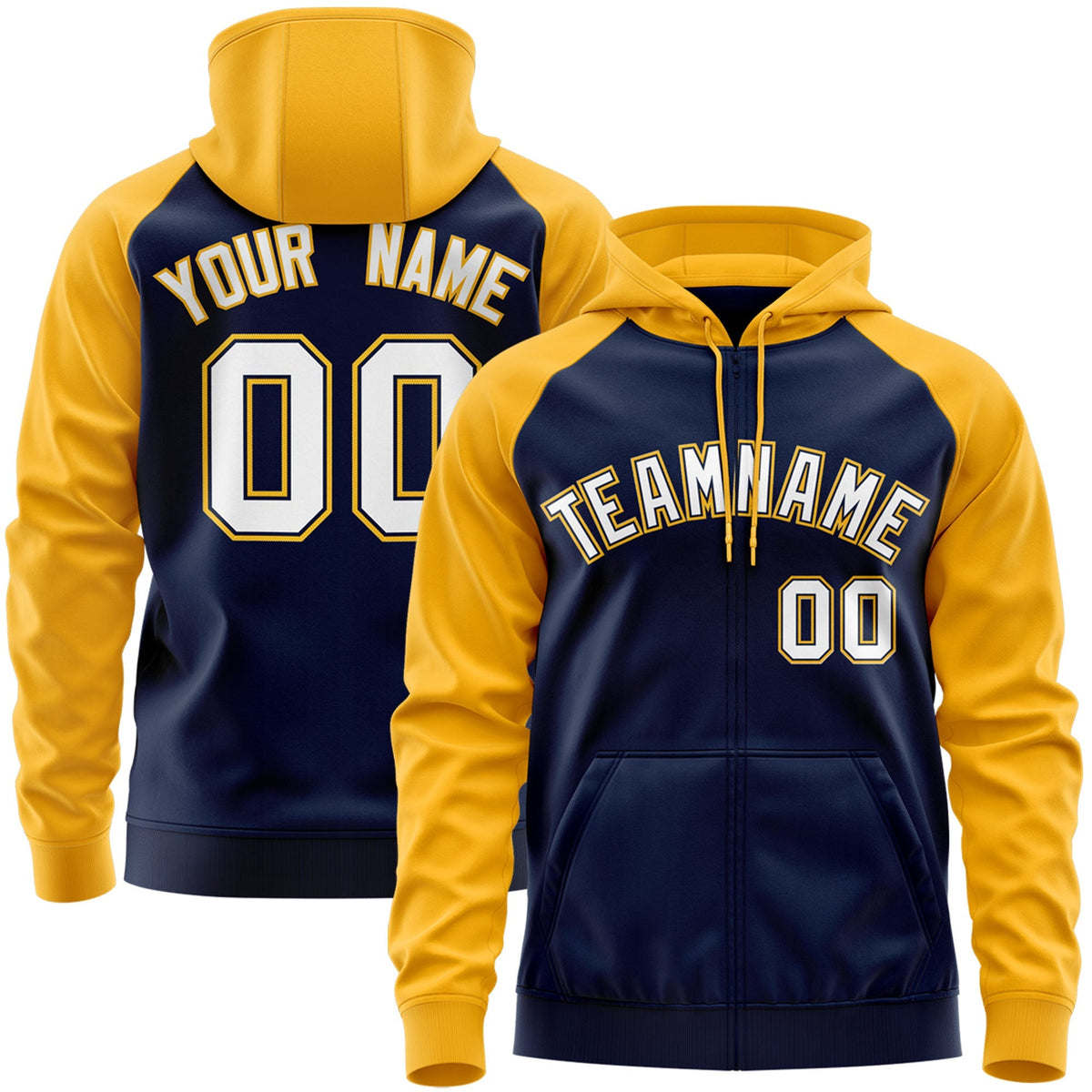 Custom Stitched Navy White-Gold Raglan Sleeves Sports Full-Zip Sweatshirt Hoodie| KXKSHOP