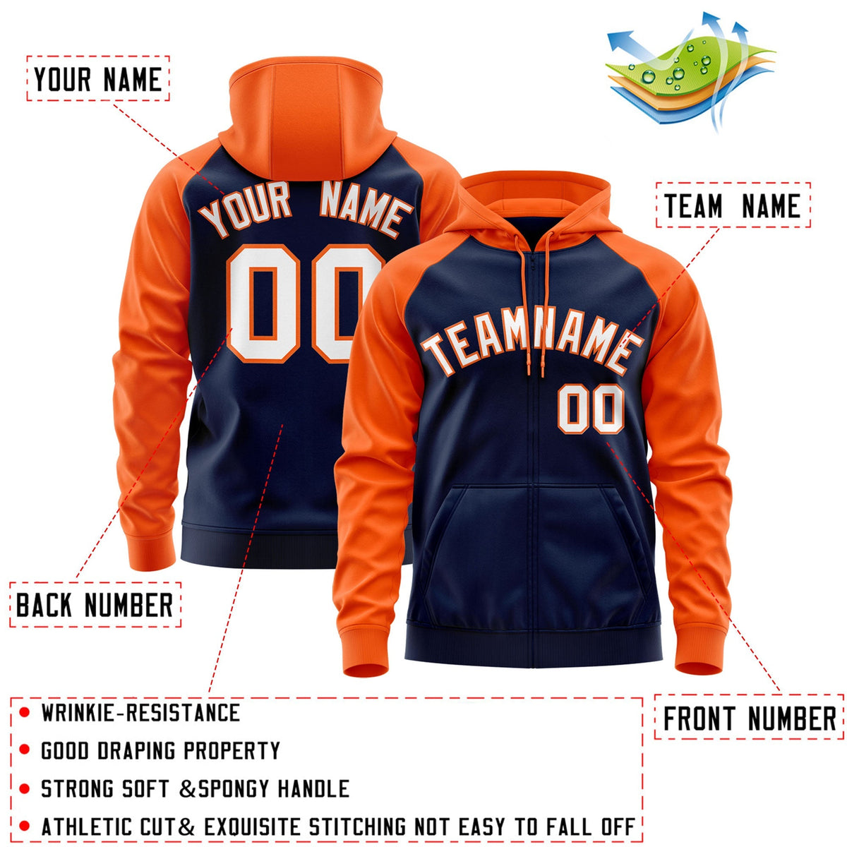 Custom Stitched Navy White-Orange Raglan Sleeves Sports Full-Zip Sweatshirt Hoodie| KXKSHOP