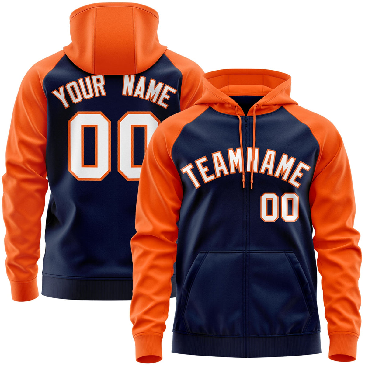 Custom Stitched Navy White-Orange Raglan Sleeves Sports Full-Zip Sweatshirt Hoodie| KXKSHOP