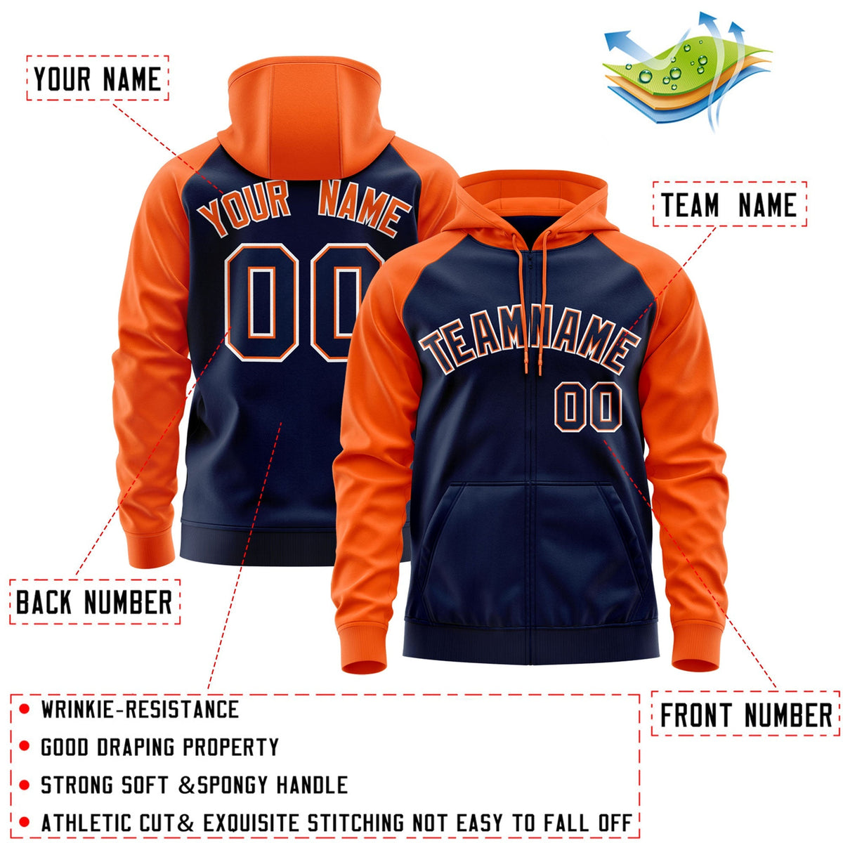 Custom Stitched Navy Orange-White Raglan Sleeves Sports Full-Zip Sweatshirt Hoodie| KXKSHOP