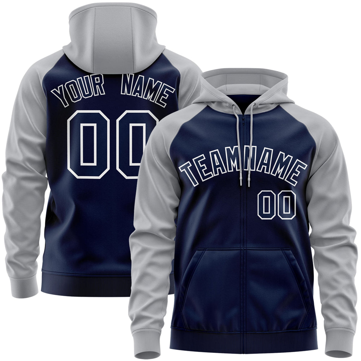 Custom Stitched Navy White-Gray Raglan Sleeves Sports Full-Zip Sweatshirt Hoodie| KXKSHOP