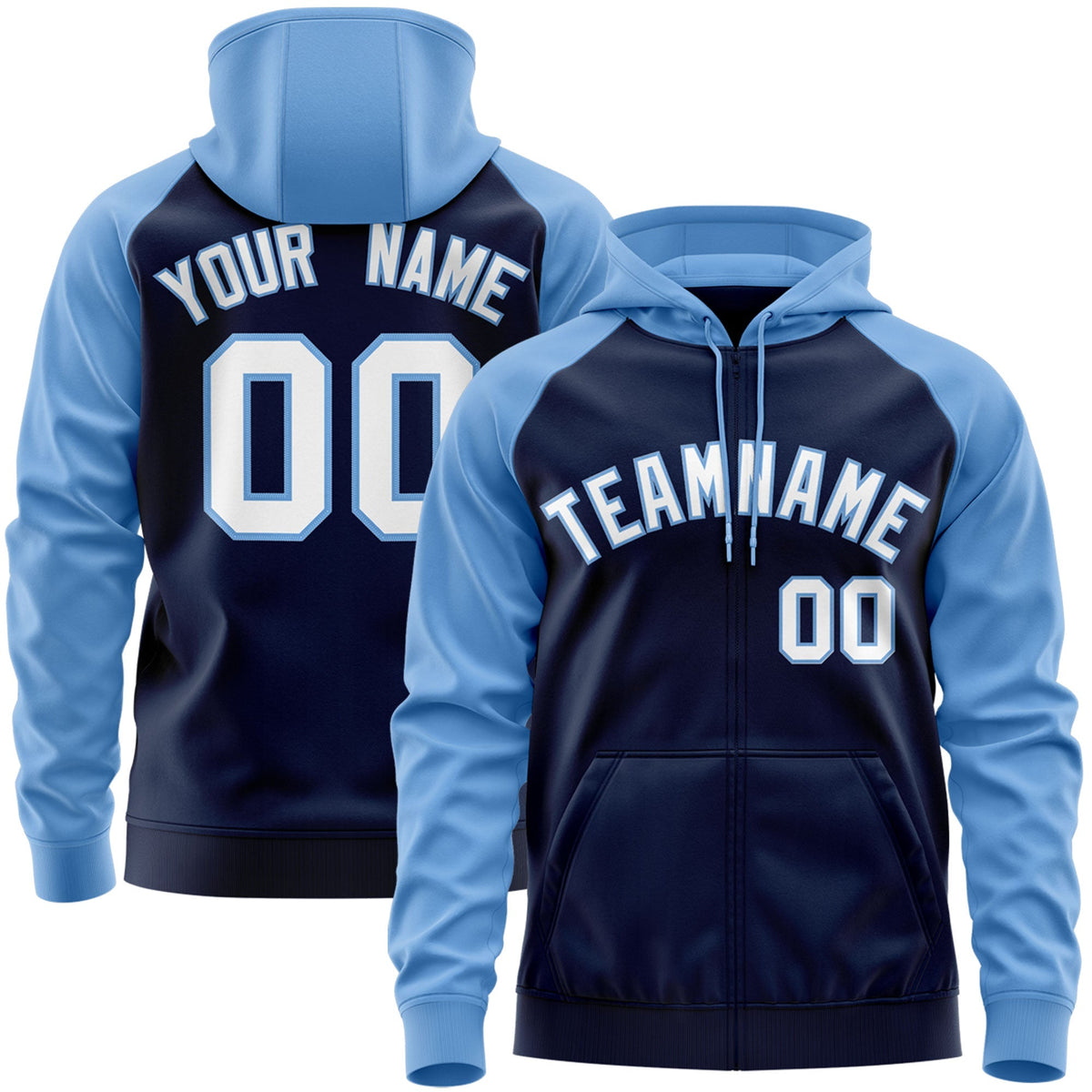 Custom Stitched Navy White-Powder Blue Raglan Sleeves Sports Full-Zip Sweatshirt Hoodie| KXKSHOP