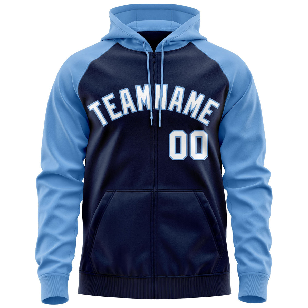 Custom Stitched Navy White-Powder Blue Raglan Sleeves Sports Full-Zip Sweatshirt Hoodie| KXKSHOP